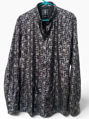 Fried Denim Black Silver Metallic Print Button Down Shirt Mens XL Slim Fit